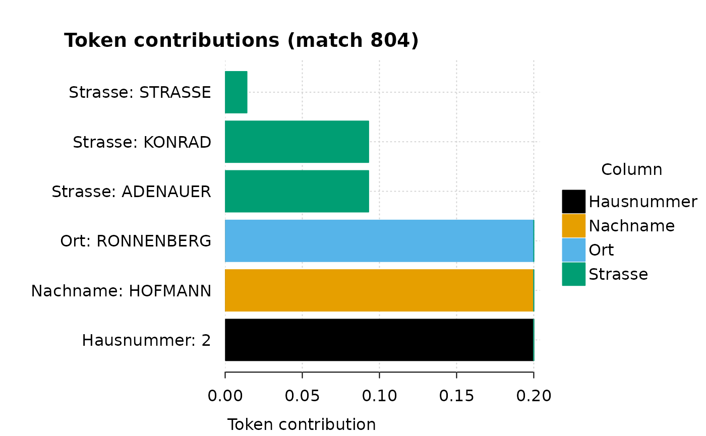 Horizontal bar chart of per-token contributions to the match score, coloured by column