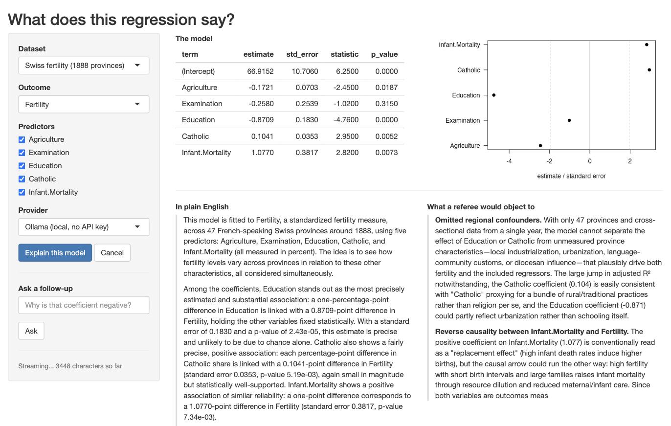 Screenshot of the model explainer app: a coefficient table and precision plot on top, with two panels below streaming an explanation and a referee's objections side by side.